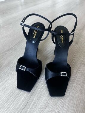 Saint Laurent Black Satin Crystal-Buckle Square-Toe Heels